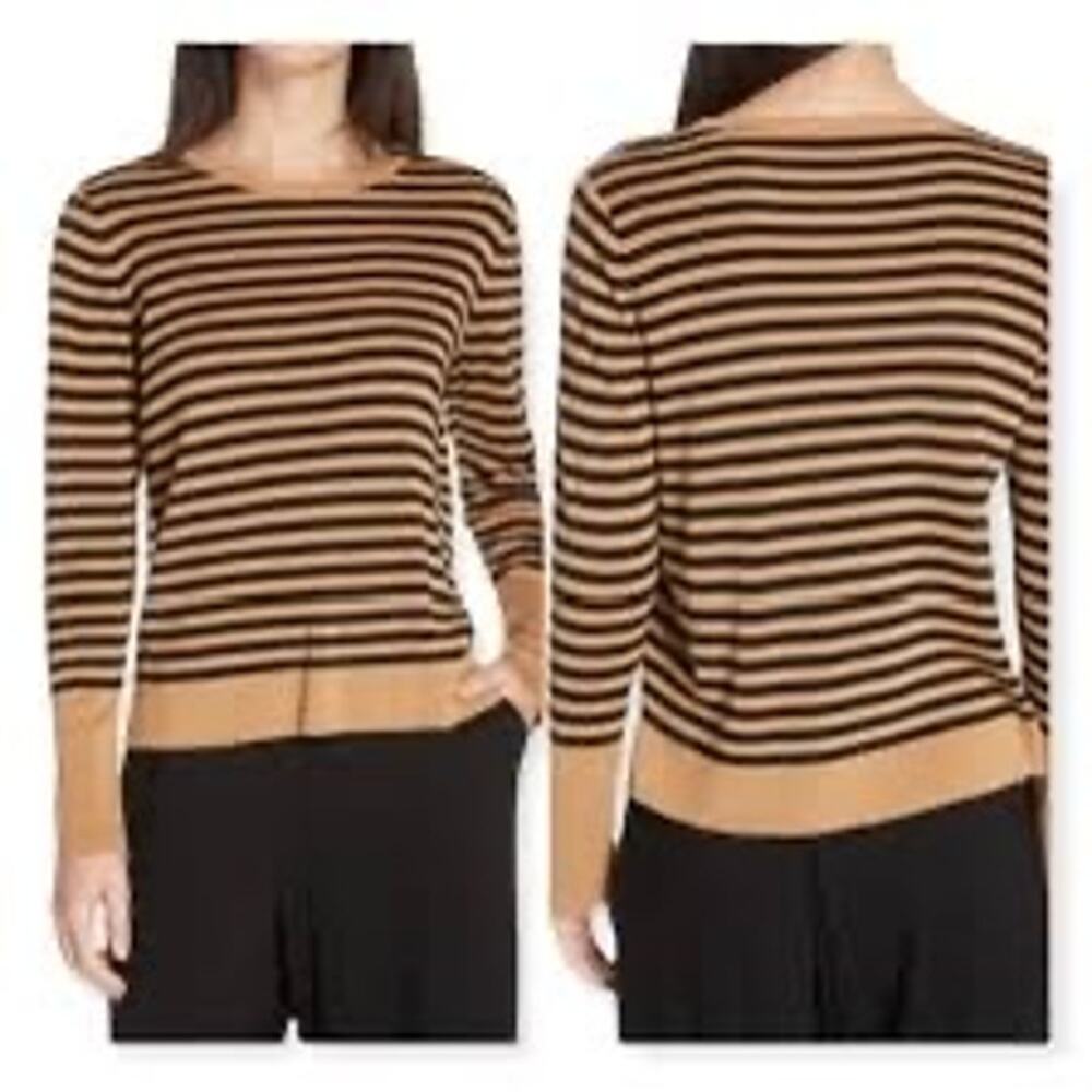 Eileen Fisher Tencel & Silk Striped Crewneck Top Tan/Clay Black Size Small